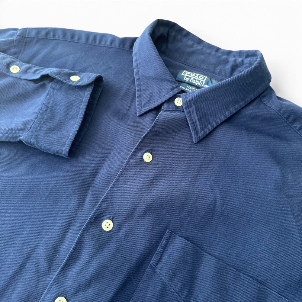 Polo Ralph Lauren Marlowe Button Down Shirt Men XL Navy Blue Silk Cotton Ribbed